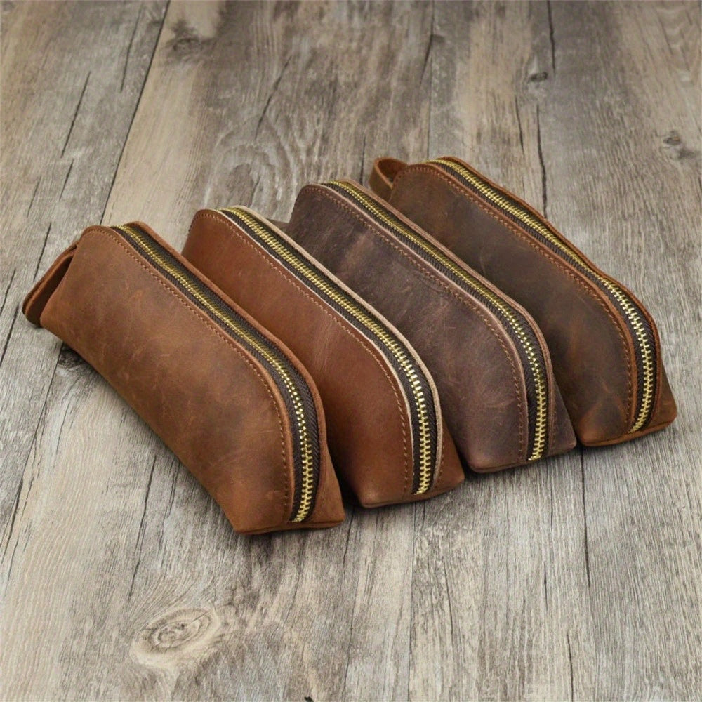 Vintage Leather Pencil Bag Zipper Pencil Pouch