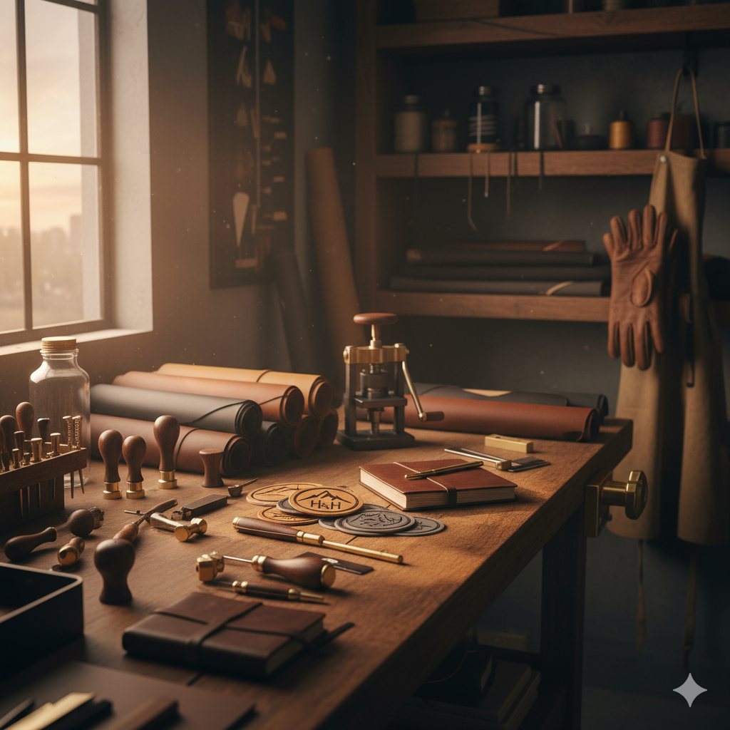 Wooden workbench with leather crafting tools and materials in a workshop setting.